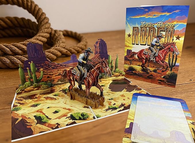 3D Pop Up Greeting Card – Handmade Cowboy on Horse Card – Texas Western Desert Scene – Birthday, Father’s Day, Retirement, Country & Rodeo Gift