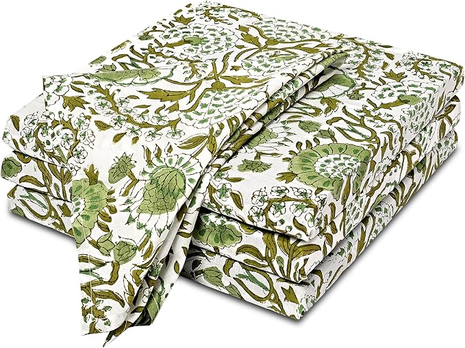 CPC Cloth Napkins 100% Cotton Set of 4 Reusable Napkins, Indian Block Print Toile Floral Dinner Napkin, Fall Thanksgiving Christmas Holiday Party Gift - Soft Absorbent Napkin, 18"x18" Agate Green