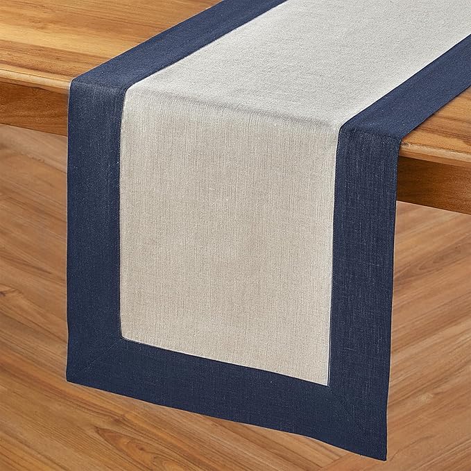 Solino Home Linen Table Runner 108 Inches Long - Navy and Natural 100% Pure Linen 14 x 108 Inch Table Runner for Dining, Winter - Contempo