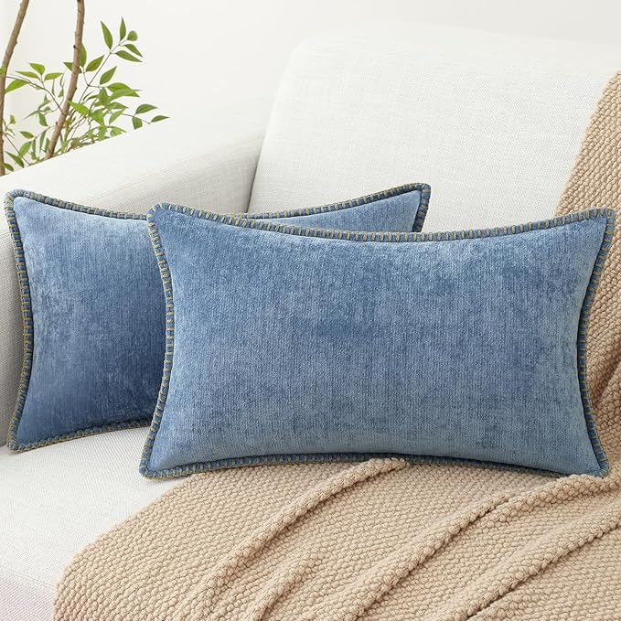 decorUhome Spring Chenille Soft Throw Pillow Covers 12x20 Set of 2, Lumbar Velvet Farmhouse Neutral Decorative Pillow Covers with Stitched Edge for Couch Sofa Bed Home Decor, Blue