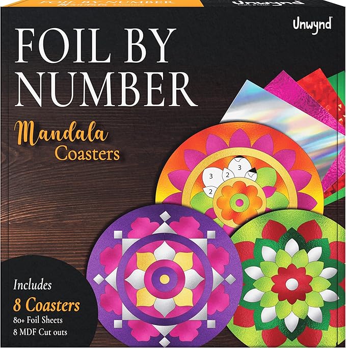 Unwynd Foil by Number Mandala Coaster Kit, 8 Pc DIY Foil Art Kit for Adults, Just Like Paint by Number Kits, Relaxing Arts & Crafts Coaster Set, Craft Gift for Teen & Women