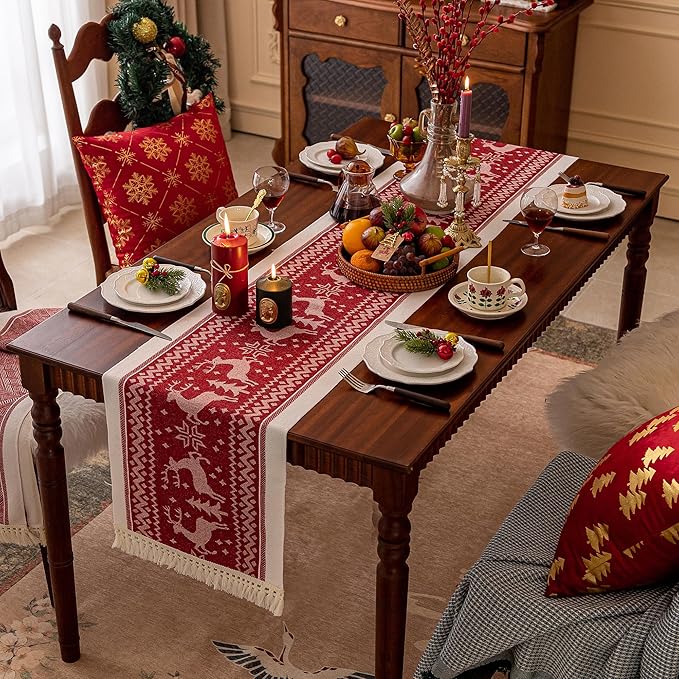 Table Runners 119 Inches,Elk Table Runner with Tassel Fringe,Christmas Table Runner for Party，Coffee Table, Festival