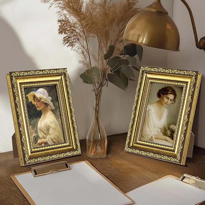eletecpro 3x4 Picture Frames Set of 4, Ornate Vintage Photo Frames with Glass, Rustic Gold Frame Displays 3x4 Photo for Tabletop, Gold