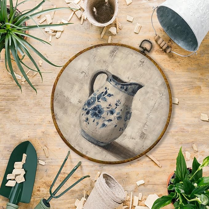Hiuwevt Vintage Chinoiserie Round Wall Art Decor, Rustic Country Neutral Framed Canvas Prints, Classic Antique Round Wall Hanging Decor for Home Kitchen Bedroom Decorations, 10x10 Inches