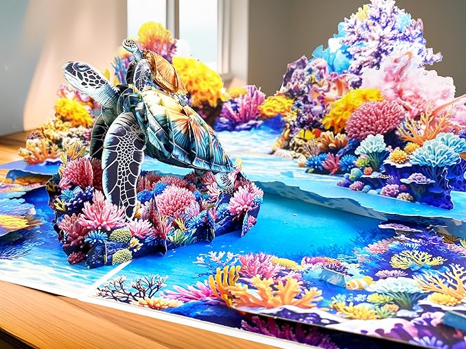 3D Pop Up Greeting Card – Handmade Sea Turtle with Baby Card – Ocean Coral Reef Scene – Mother & Baby Turtle 3D Card for Birthday, Retirement, Nature & Ocean Lovers
