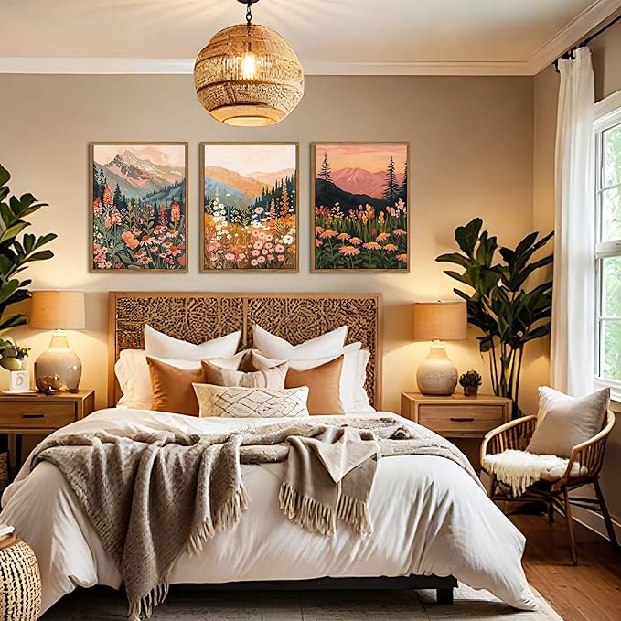 Floating Framed Large Boho Colorful Mountain Wall Art Set of 3, Vintage Wildflower Landscape Canvas Wall Decor Paintings, Nature Floral Forest Posters Pictures Prints for Living Room 16x24 Inch