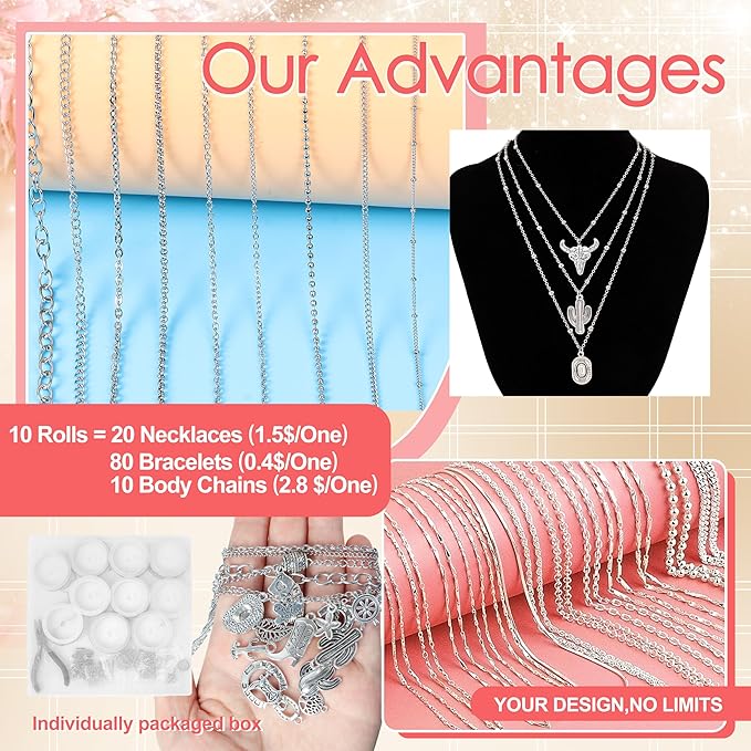 Meneng Necklace Jewelry Making Kit: 10 Rolls 78.7 Feet Silver Stainless Steel Chains for DIY Western Necklace Bracelet - Jewelry Making Supplies for Beginners