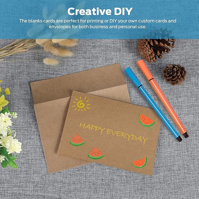 Ohuhu Blank Brown Kraft Cards and Envelopes 100 Pack - 4" x 6" Folded Cardstock Paper and A4 Envelopes for DIY Greeting Cards Wedding Birthday Invitations Baby Shower Thank You Notes and More
