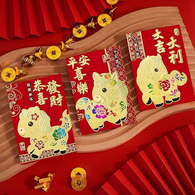 36pcs Red Envelopes Chinese New Year, Chinese Traditional Lucky Money Hong Bao Red Envelope Pockets for 2026 Spring Festival, Lunar New Year, 6 Cartoon Horse Designs,M
