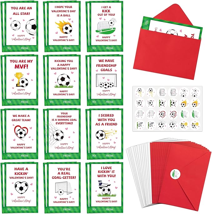 TICIAGA 24 Set Valentine's Day Football Greeting Cards with Envelop Green Heart Soccer Notecard Sticker for Kids Sport Theme Exchange Gifts for Boys and Girls School Classroom Supplies Party Favors