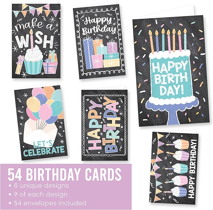 Hadley Designs Happy Birthday Cards Bulk with Envelopes - 54 Assorted Birthday Cards for Kids & Adults, Bulk Greeting Card Pack for Office, Generic Bday Notecards with Envelopes, Designed in USA