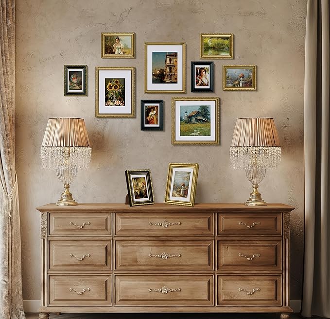 eletecpro 10x10 Picture Frames Set of 4, Vintage 10 x 10 Photo Frames with Glass, Display 8x8 Photo with Mat or 10x10 without Mat for Tabletop or Wall Decor, Gold