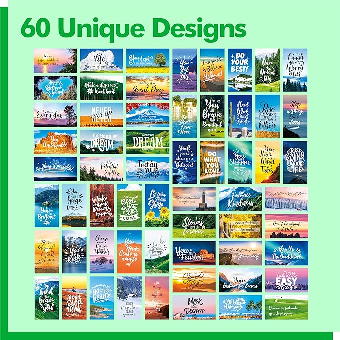 Gethelud 120 PCS Motivational Cards, 60 Designs Inspirational Cards with Beautiful Scenery, Encouragement Quote Affirmation Words for Students, Adults, Office/School Supplies (2” x 3.5”)