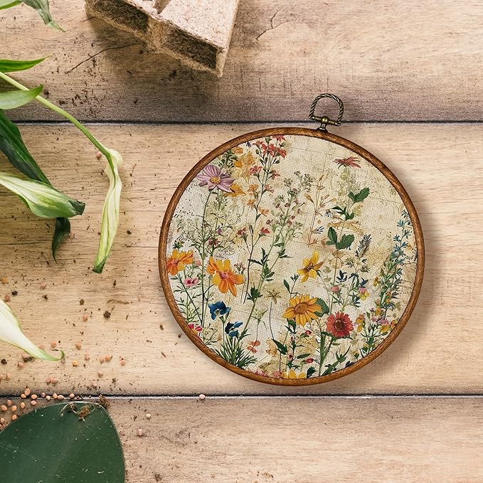 KSDUT Boho Flower Floral Wall Decor Art - Botanical Neutral Wall Art Canvas Frame Hanging Prints, Vintage Landscape Wildflower Round Wall Art Decor for Home Decorations 10"x10"