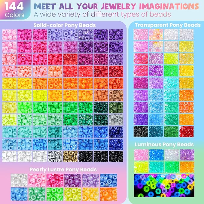 Gionlion 7 Boxes Pony Beads Bracelet Making Kit, 144 Colors 6x9mm Kandi Rave Beads, Friendship Bracelet Kit with 800Pcs Letter Bead for DIY Jewelry, Keychains, Arts and Crafts Gift for Girls Kids
