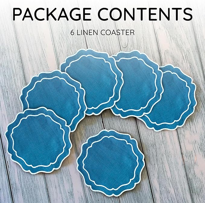 Drink Coasters Set of 6, 6x6 inch, Absorbent Linen Drink Mats with Scalloped Edge, Reusable Handmade Coffee Coasters for Home Decor & Tabletop Protection & Gift Giving (Peacock)