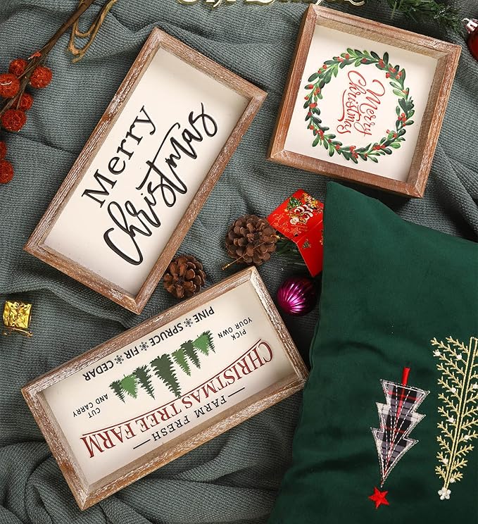 Christmas Tiered Tray Decor, Merry Christmas Block Sign Embossed Metal With Wood Frame, Rustic Farmhouse Winter Decoration for Shelf, Mantel, Home Decor