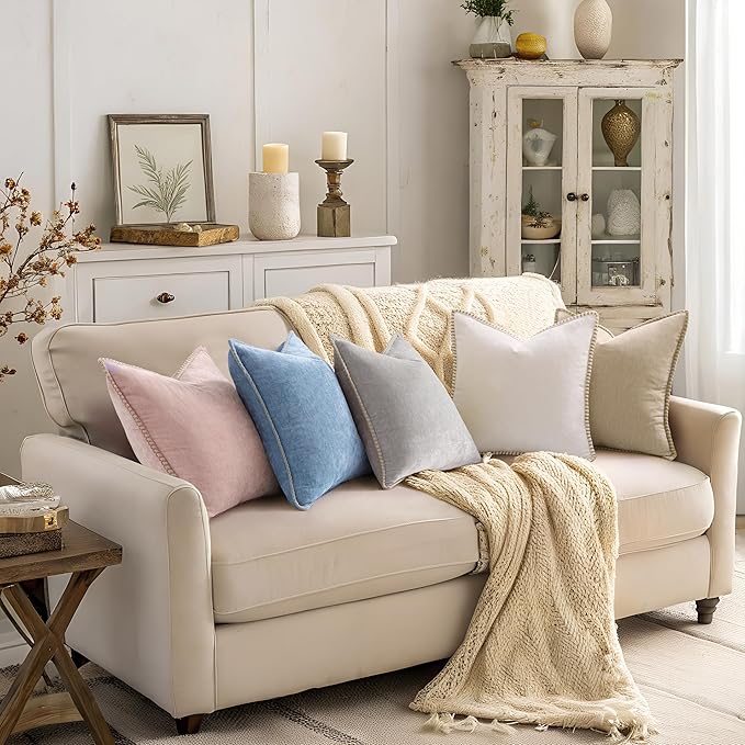 decorUhome Spring Chenille Soft Throw Pillow Covers 16x16 Set of 2, Farmhouse Velvet Neutral Decorative Pillow Covers with Stitched Edge for Couch Sofa Bed Home Decor, Beige