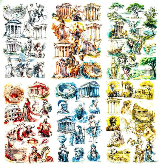 90 PCS Greek Mythology Scrapbook Stickers – Vintage Clear Aesthetic Sticker with Gods, Temples, Statues, Creatures, Ancient Ruins – Greek History Stickers for Journaling, Art Crafts Projects