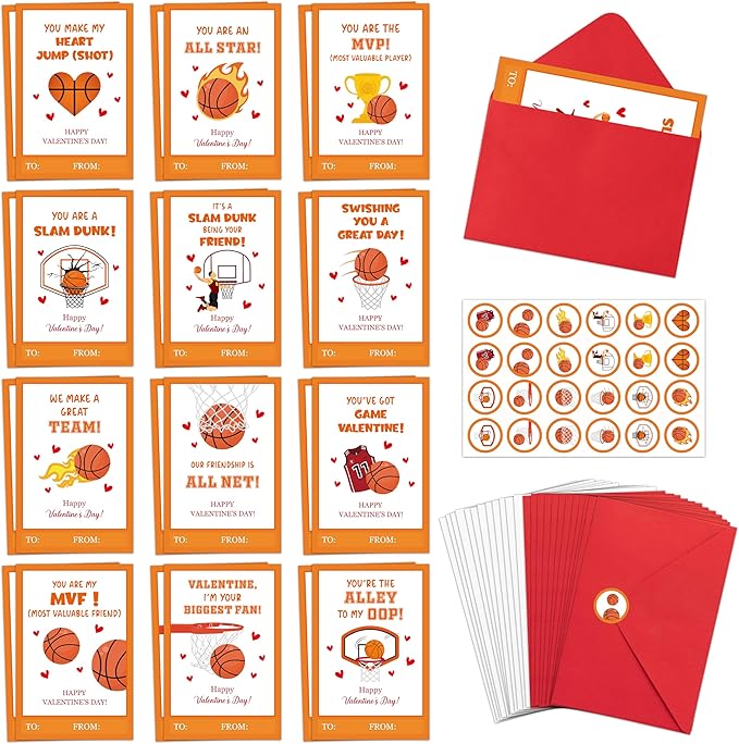 TICIAGA 72pcs Valentine’s Day Basketball Greeting Cards with Envelop and Stickers for Kids, 4 x 6 IN Sport Theme Exchange Gift Cards for Boys and Girls School Classroom Supplies, Valentines Party Favors