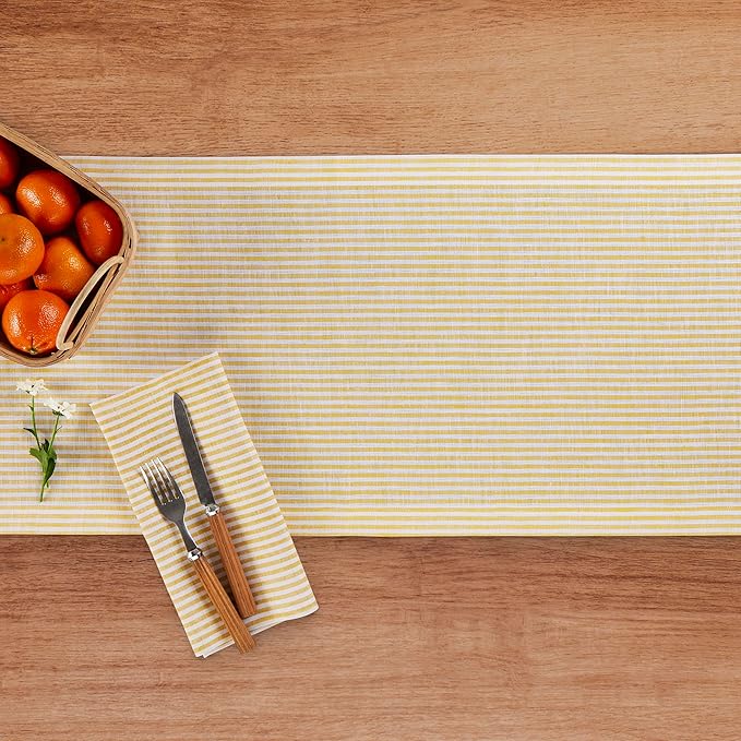 Solino Home Linen Table Runner 120 Inches Long - Narrow Stripe, 100% Pure Linen Spicy Mustard and White Table Runner 14 x 120 Inch for Dining, Spring, Easter