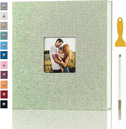 Photo Album Self Adhesive Pages for 4x6 5x7 8x10 Pictures Magnetic Scrapbook Photo Albums with Sticky Pages Books with A Metallic Pen for Baby Wedding Family 11x10.6 GrassGreen 40 Pages