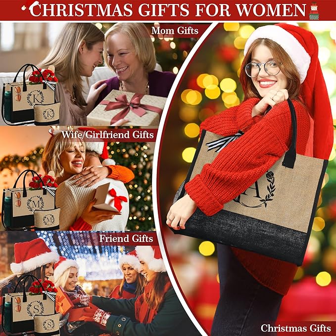 YOOLIFE Personalized Gifts for Women - Initial Jute Tote Bag & Makeup Bag, Birthday Gifts for Women Mom Wife Teacher Friend