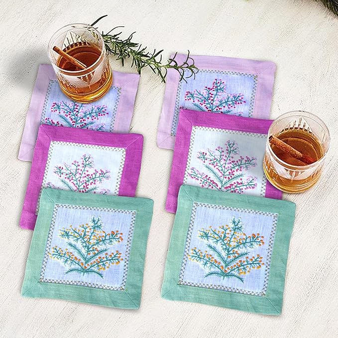 Cocktail Napkins Set of 6, 6x6 inch, 100% Linen, French Knot Hand Embroidered Floral Pattern, Reusable & Washable Napkin Coasters for Drinks, Parties, Weddings (Pink & Green)