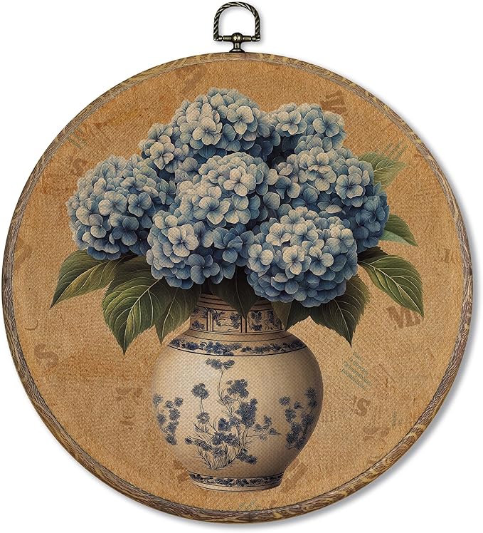 FUGWN Vintage Chinoiserie Vase Hydrangea Floral Round Wall Art Decor Framed, Grandmillennial Floral Canvas Artwork Print, Retro Flower Wall Hanging Decorations for Home Bedroom Gallery, 10x10 Inch
