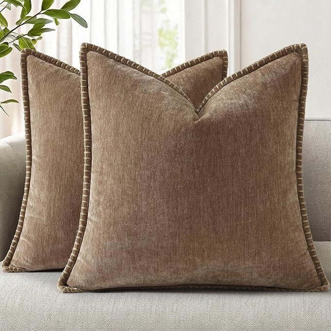 decorUhome Spring Chenille Soft Throw Pillow Covers 20x20 Set of 2, Farmhouse Velvet Neutral Decorative Pillow Covers with Stitched Edge for Couch Sofa Bed Home Decor, Brown