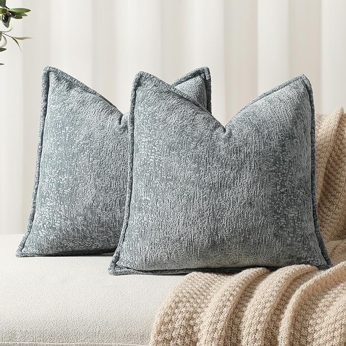 Pack of 2 Dusty Blue Decorative Throw Pillow Covers 24x24 Cozy Soft Chenille Accent Vintage Square Couch Pillow Covers for Home Decor Bed Sofa Living Room