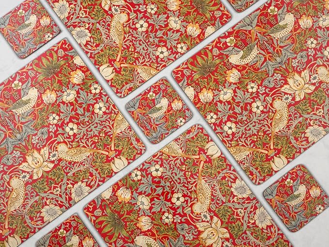 Pimpernel Morris & Co Strawberry Thief Red Coasters, Set of 6 - Stain Resistant & Heat Safe Fabric-Feel Square Coasters with Birds & Botanical Pattern for Stylish Dining & Entertaining