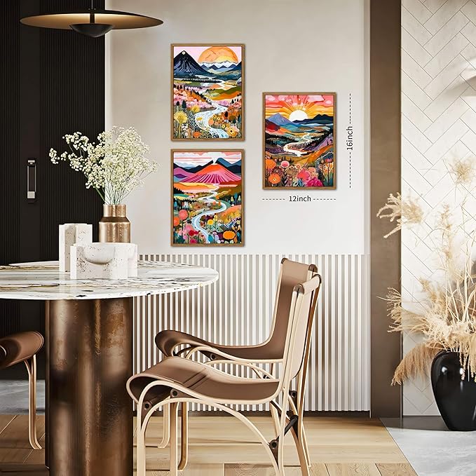 Floating Framed Boho Colorful Wall Art, Abstract Watercolor Mountain Landscape Wall Decor Painting Set of 3, Modern Flower Aesthetic Posters Prints for Living Room Bathroom Bedroom 12x16 Inch