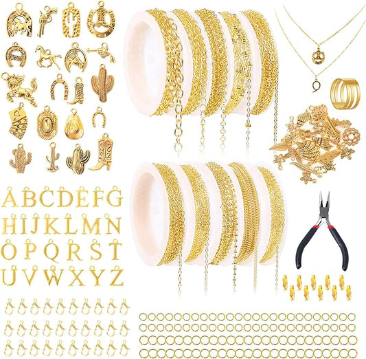 Meneng Necklace Jewelry Making Kit: 10 Rolls 78.7 Feet 18K Gold Plated Chains for DIY Western Necklace Bracelet - Jewelry Making Supplies for Beginners