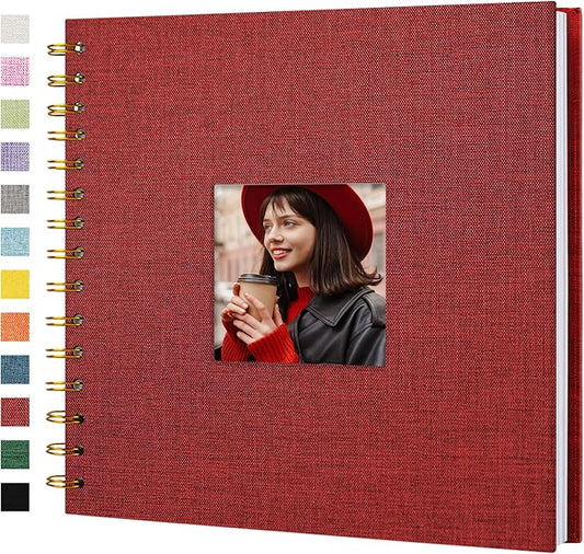 Scrapbook Photo Album Linen Cover, 8 x 8 Inch Hardcover Kraft White Pages Memory Book, for Travel Wedding Guest Book Christmas Baby Shower (20 Sheets/ 40 Pages,Red)