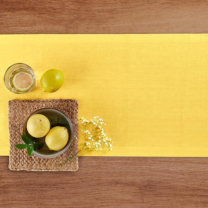 Solino Home Linen Table Runner 60 Inches - 100% Pure Linen Marigold Yellow Table Runner 14 x 60 Inch Ideal for Dresser and Coffee Tables, Spring, Easter - Diana Medium Weight