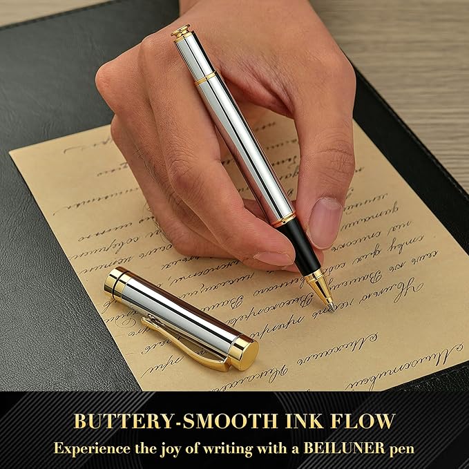 BEILUNER Ballpoint Pens, Stunning Bright Silver Chrome Metal Pen with Golden Trim, Best Ball Pen Gift Set for Men & Women, Professional, Executive, Office,Fancy-Gift Box with 0.5mm Black Extra Refill