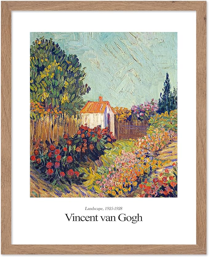 Monem Art Vintage Van Gogh Poster - Retro Impressionist Print - Flower Garden, Cottage, Sky, Colorful, Landscape - Gift for Artist, Friend - Wall Decor for Home, Office, 11x14 Beige Framed