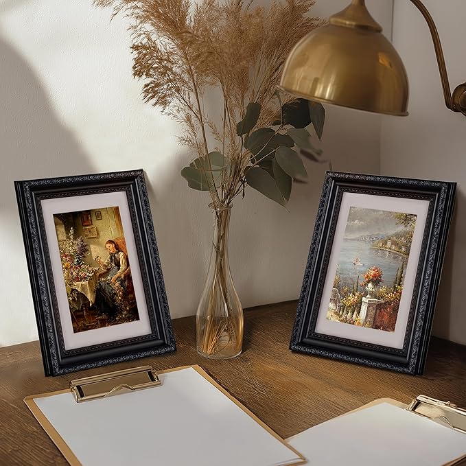 eletecpro 4x6 Picture Frames Set of 4, Ornate Vintage Photo Frames with Glass, Display 3.5x5 Photo with Mat or 4x6 without Mat for Tabletop or Wall Decor, Black
