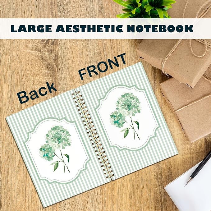 Coquette Preppy Hydrangea Notebooks, Green and White Stripes Girly Floral Journal, Aesthetic Hydrangea Flower Spiral Notebook Journal for Note Taking, Girly Office Supplies, 5.5x8.3 Inch