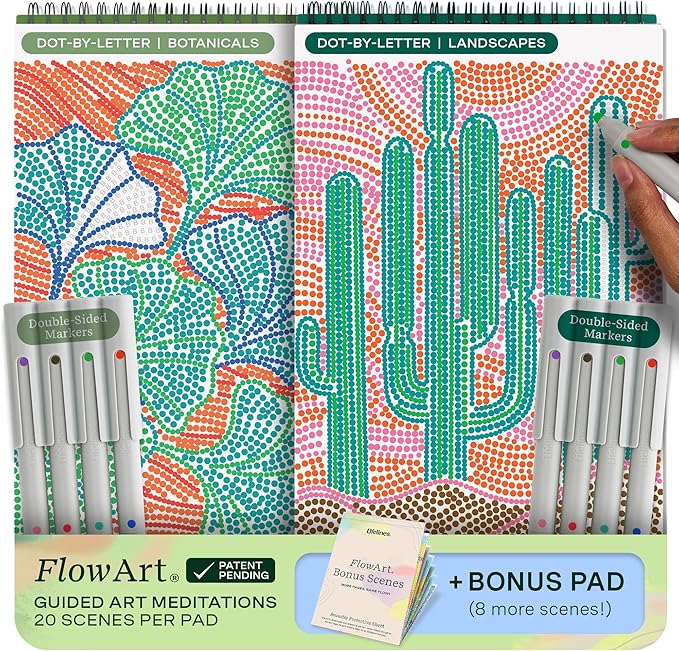 Lifelines FlowArt Activity Pad, 2-Pack & Bonus Pad - Guided Dot-by-Letter Art Meditations with Markers - Color by Number/Letter Coloring Books for Tweens, Adults & Seniors