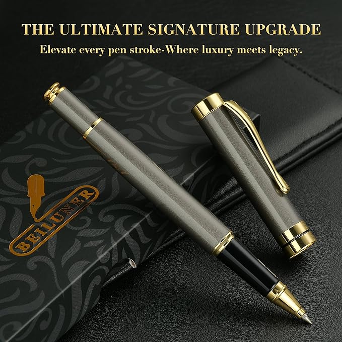 BEILUNER Ballpoint Pens, Stunning Grey Chrome Metal Pen with Golden Trim, Fancy Ball Pen Gift Set for Men & Women, Professional, Executive, Office,Journal Pens-Gift Box with 0.5mm Black Extra Refill
