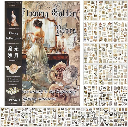 Vintage Stickers for Scrapbooking, Junk Journal - 24 Sheets Washi Sticker, Victorian Journal Stickers Book for Women, Self-Adhesive Scrapbook & Junk Journal Supplies (Brown)