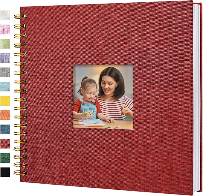 Scrapbook Photo Album Linen Cover, 10 x 10 Inch Hardcover Kraft White Pages Memory Book, for Travel Wedding Guest Book Christmas Baby Shower (40 Sheets/ 80 Pages,Red)