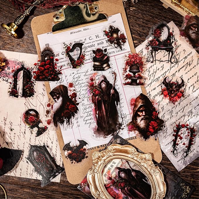 180-Piece Gothic Vampire Scrapbook Stickers – Vintage Medieval Red Dark Horror Aesthetic Witches, Vampires, Roses, Skeletons Decals for Halloween Crafting, Journaling, Art Projects, Planners