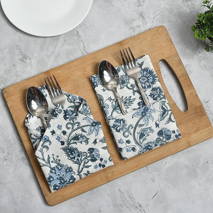 CPC Cloth Napkins Set of 6 Cotton Printed Dinner Hand Print Napkins I Wedding Cocktail Cloth Floral Napkins I 18x18 in I Blue Flower