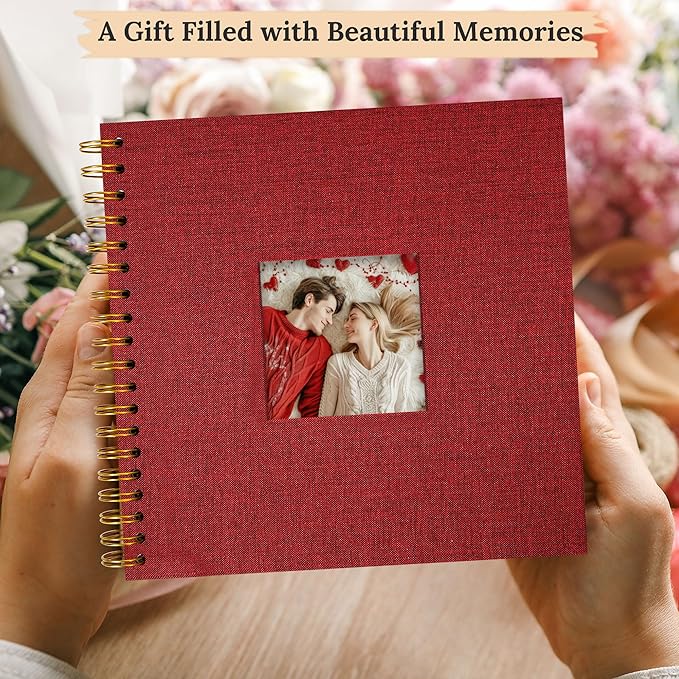 Scrapbook Photo Album Linen Cover, 8 x 8 Inch Hardcover Kraft White Pages Memory Book, for Travel Wedding Guest Book Christmas Baby Shower (20 Sheets/ 40 Pages,Red)