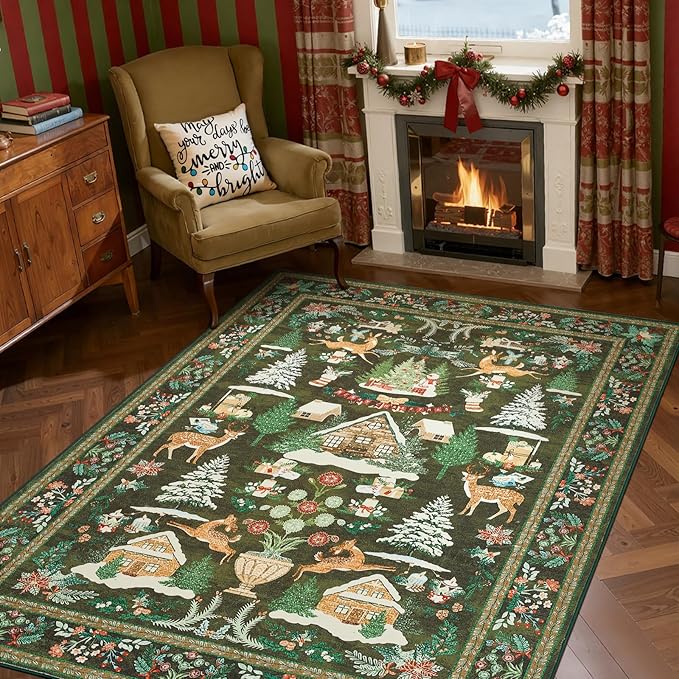 jinchan Christmas Rug 5x7 for Living Room Bedroom Green Holiday Decorative Rug for Dining Room Foyer Christmas Tree and Cabin Printed Xmas Decor Washable Non Slip Floor Carpet