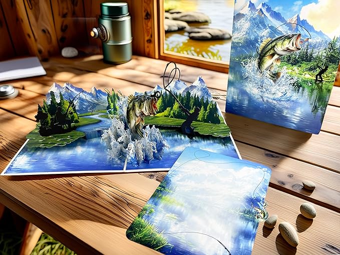 3D Pop Up Greeting Card – Handmade Fishing Card with Jumping Bass & Scenic Lake – Father’s Day, Birthday, Retirement, Outdoor Sportsman & Fisherman Gift