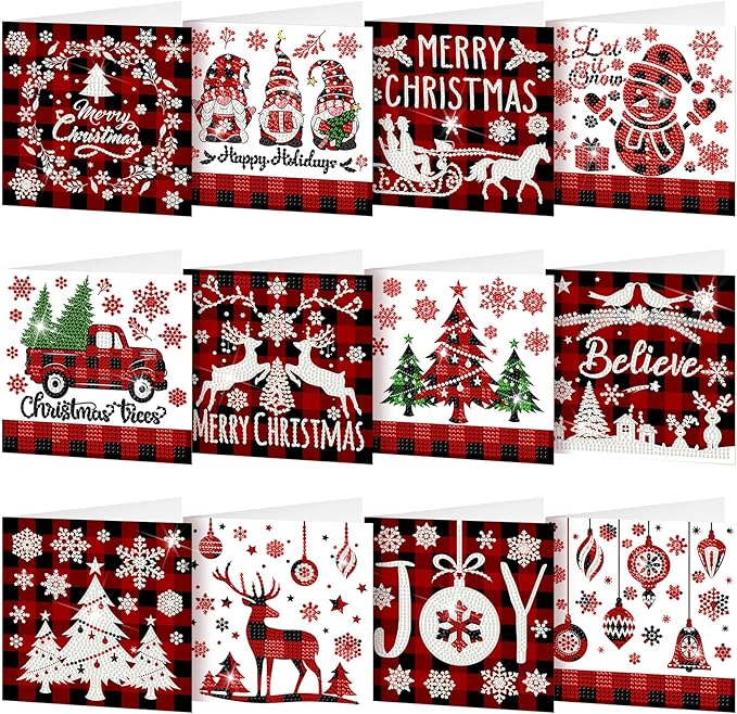Saillong 12 Pack Christmas Diamond Painting Greeting Card Kits DIY Red Plaid Christmas Diamond Art Cards with Envelopes Xmas 5D Rhinestones Painting for Adults DIY Craft Family Friend Xmas Gifts